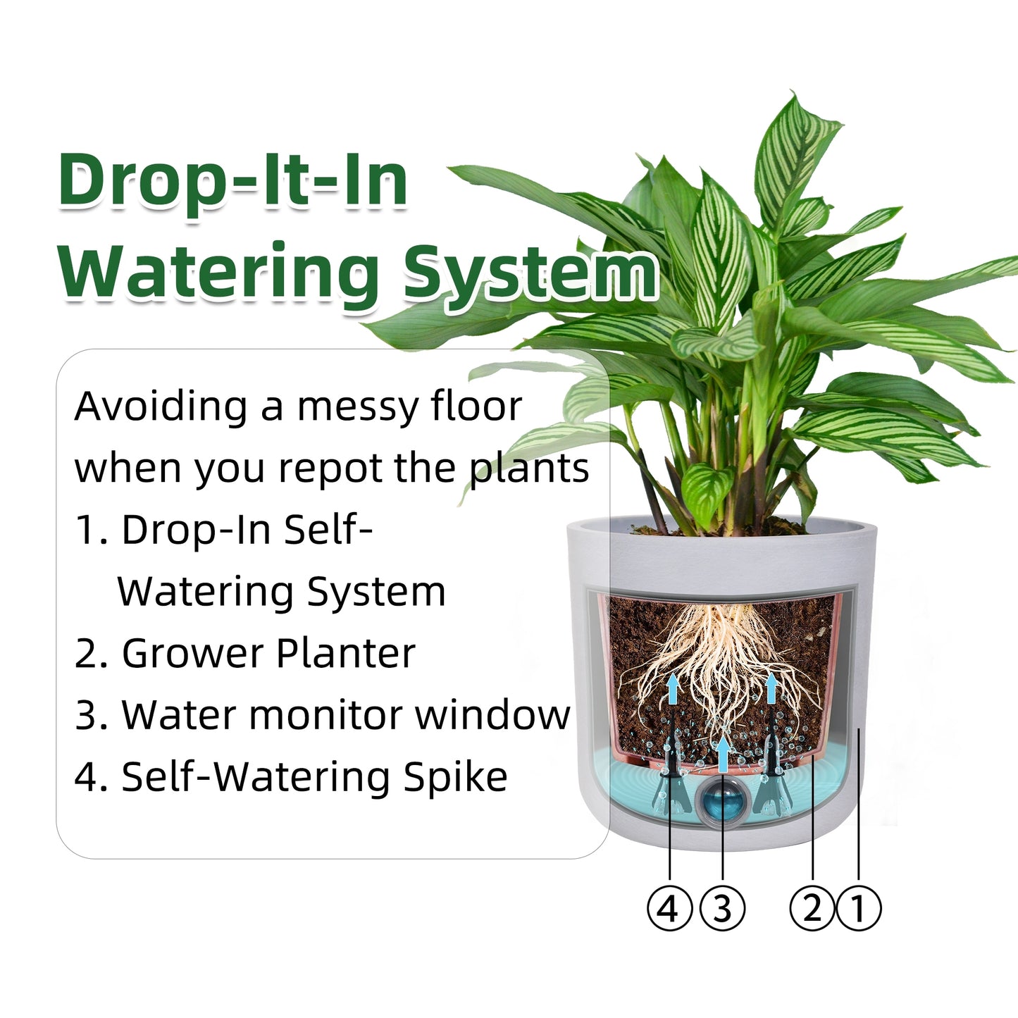 GreenShip Cylinder Self-Watering Plant Pots for Indoor Plants, 5 6 8 inch Set of 3 Planter with Self-Watering Spikes, Modern Decorative Flower Pots(Plants Not Included)