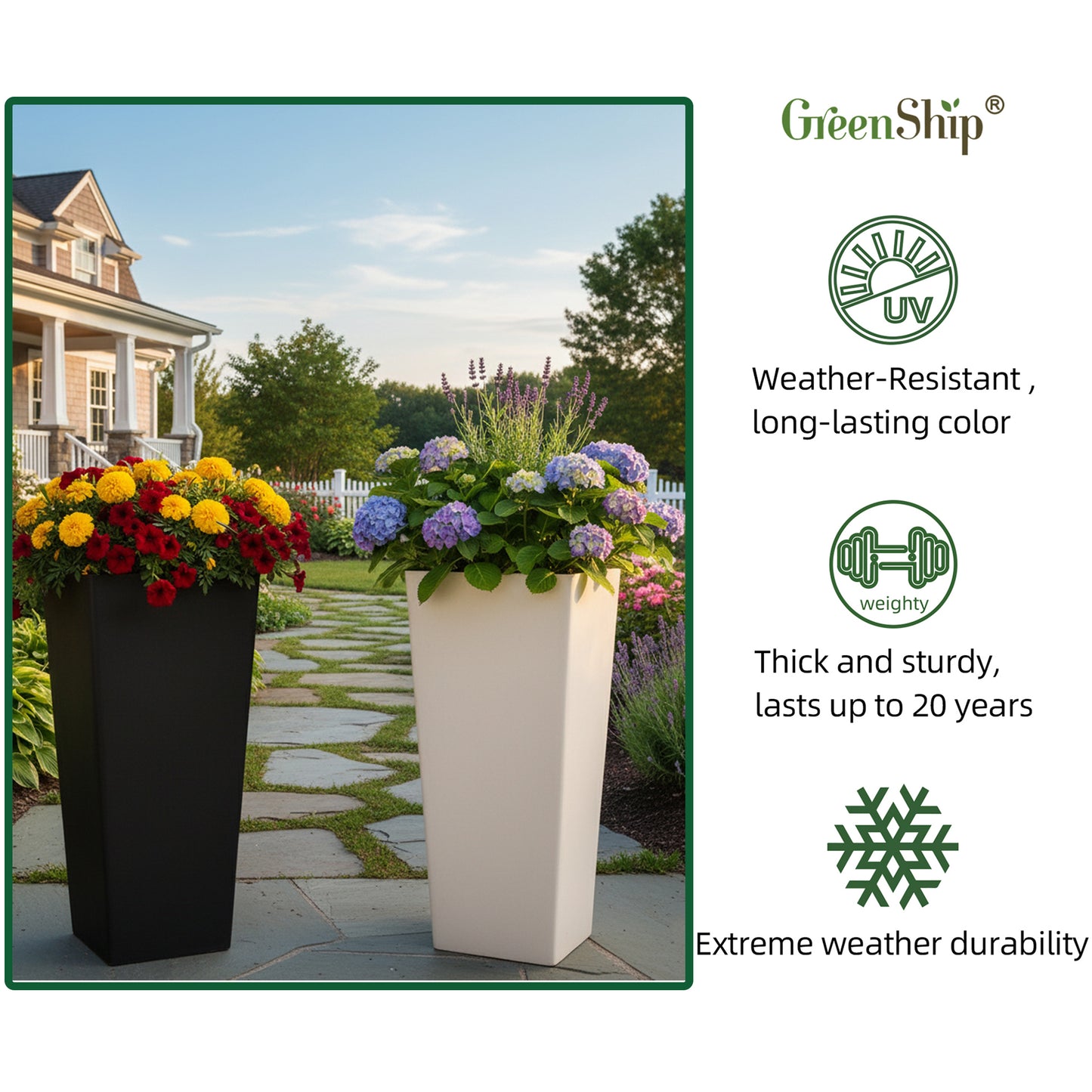 GreenShip 27 inch Tall Planters for Outdoor Plants, Large Flower Pots with Drainage & Inner Shelf, Modern Decorative Garden Pots for Porch, Patio, Front Door