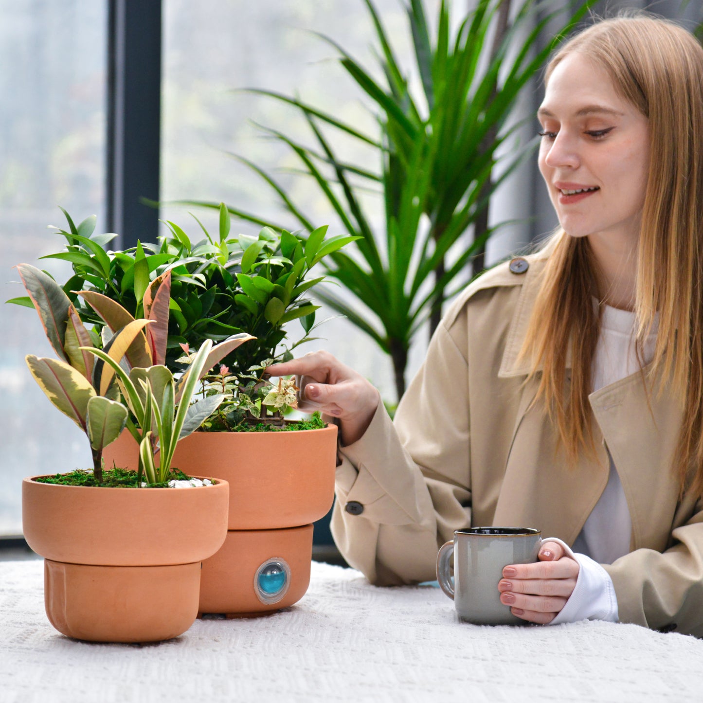 GreenShip Self-Watering Plant Pot Set of 2, Round Planter for Indoor Plants with Self Wicking Stand, Modern Decorative Flower Pots(Plants Not Included)