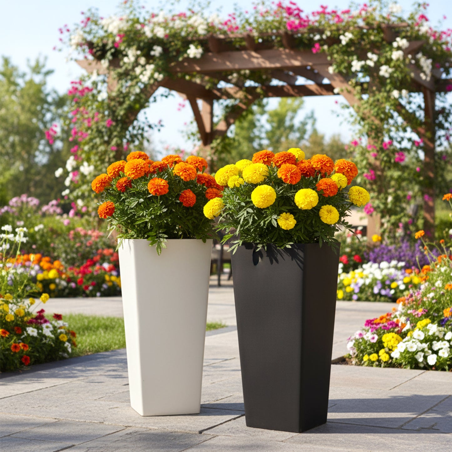 GreenShip 27 inch Tall Planters for Outdoor Plants, Large Flower Pots with Drainage & Inner Shelf, Modern Decorative Garden Pots for Porch, Patio, Front Door