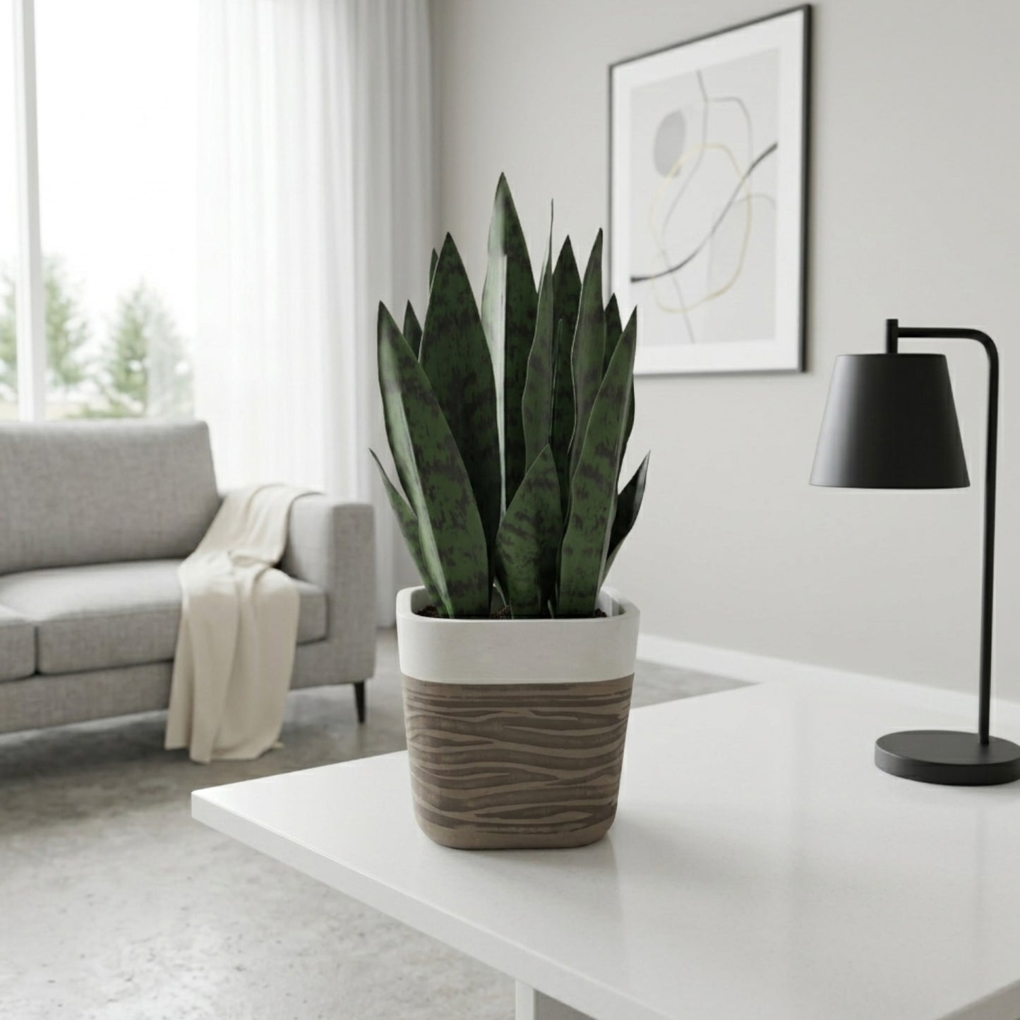 GreenShip 17 inch Artificial Snake Plant with Decorative Two-Tone Pot, Faux Potted Plants for Indoor Home Office Decor, Realistic Fake Plant Decor