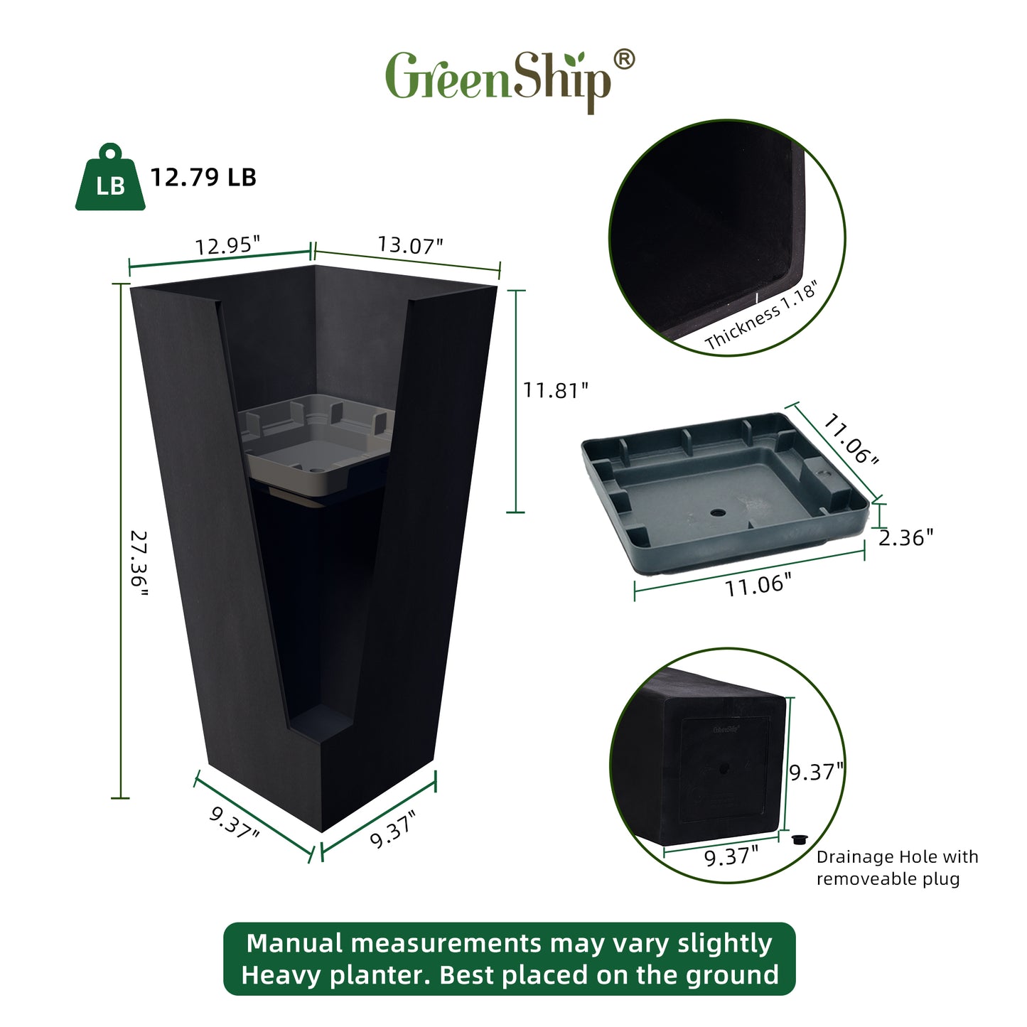 GreenShip 27 inch Tall Planters for Outdoor Plants, Large Flower Pots with Drainage & Inner Shelf, Modern Decorative Garden Pots for Porch, Patio, Front Door