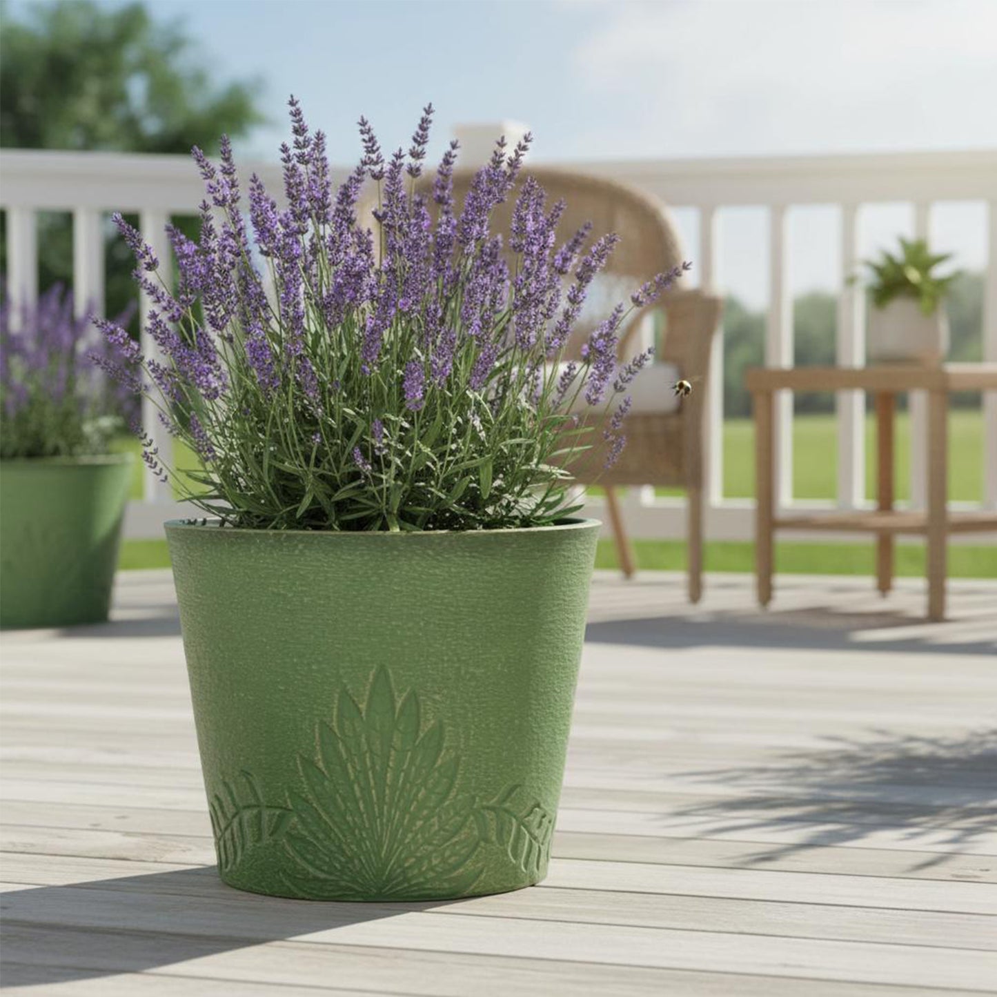 GreenShip 15 inch Large Planters, Set of 2 Relief Planters - Recycled Resin & Stone Composite Flower Pots - Weather Resistant Lightweight Garden Pots for Indoor Outdoor Plants