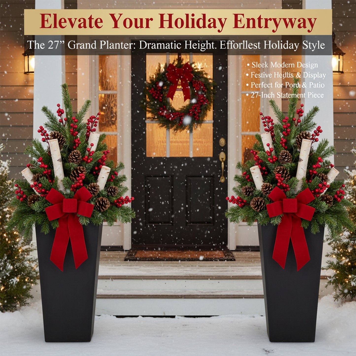 GreenShip 27 inch Tall Planters for Outdoor Plants, Large Flower Pots with Drainage & Inner Shelf, Modern Decorative Garden Pots for Porch, Patio, Front Door