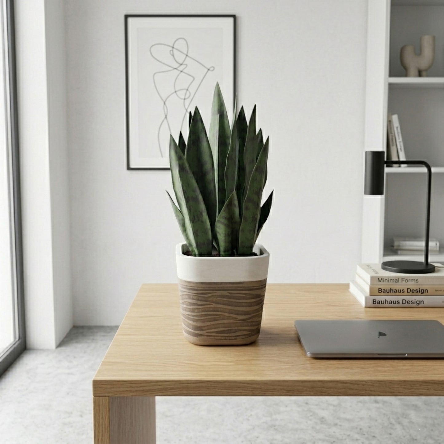 GreenShip 17" Artificial Snake Plant in Two-Tone Square Pot | Low-Maintenance Faux Potted Plant for Home & Office Decor