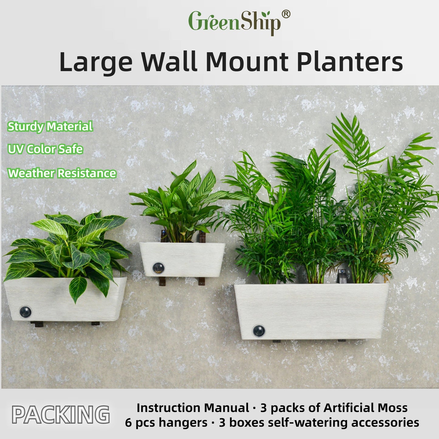 GreenShip Rectangular Wall Hanging Self-Watering Plant Pots for Indoor Plants, 10 14 18 inch Set of 3 Planter with Self-Watering Spikes, Modern Decorative Flower Pots(Plants Not Included)