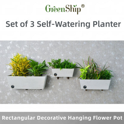 GreenShip Rectangular Wall Hanging Self-Watering Plant Pots for Indoor Plants, 10 14 18 inch Set of 3 Planter with Self-Watering Spikes, Modern Decorative Flower Pots(Plants Not Included)