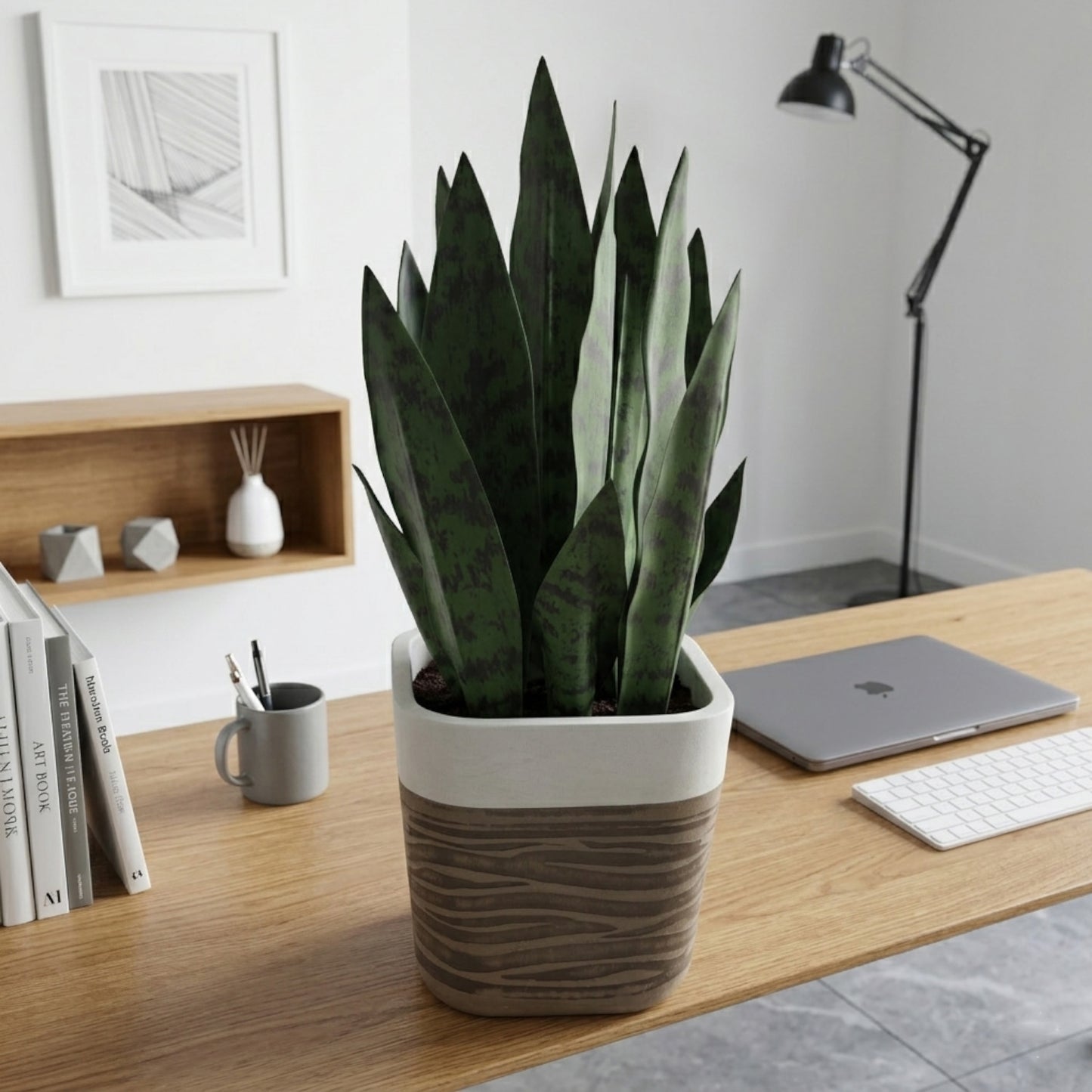 GreenShip 17" Artificial Snake Plant in Two-Tone Square Pot | Low-Maintenance Faux Potted Plant for Home & Office Decor