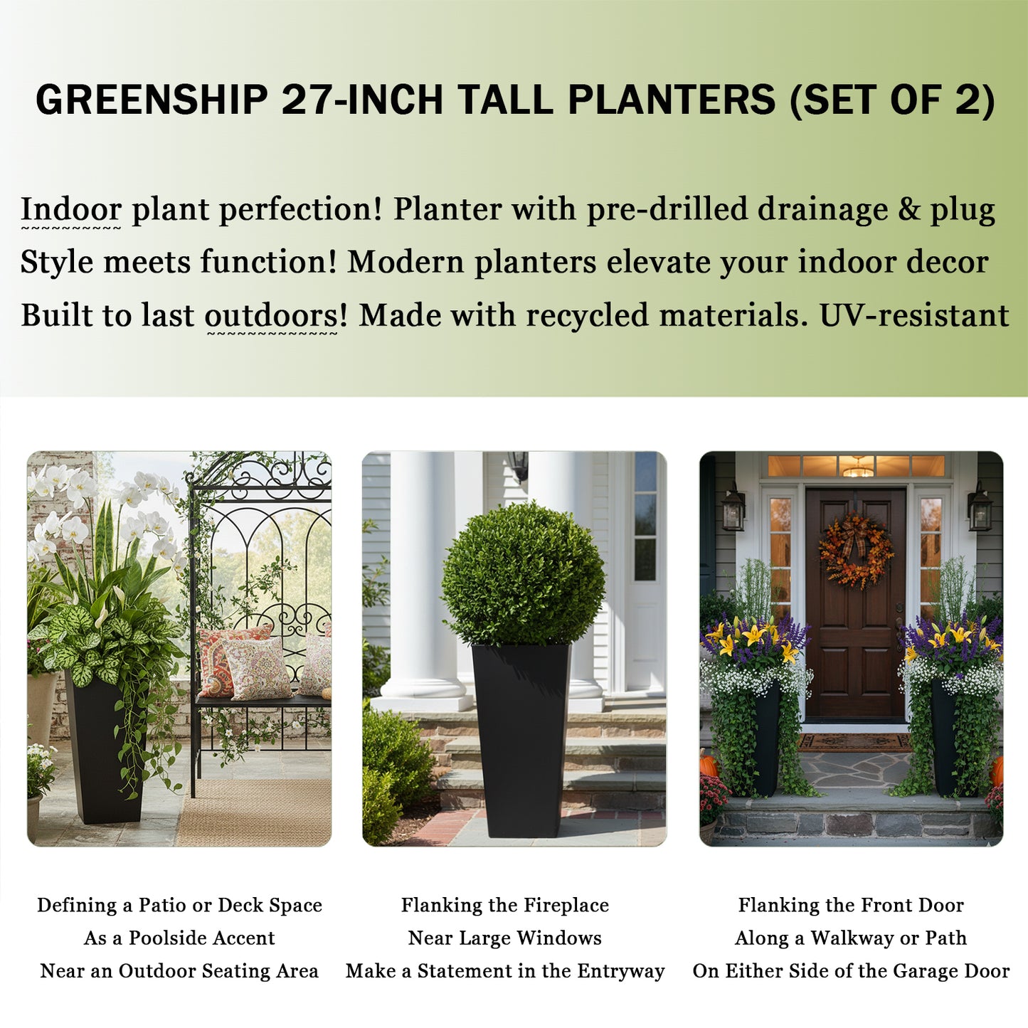 GreenShip 27 inch Tall Planters for Outdoor Plants, Large Flower Pots with Drainage & Inner Shelf, Modern Decorative Garden Pots for Porch, Patio, Front Door