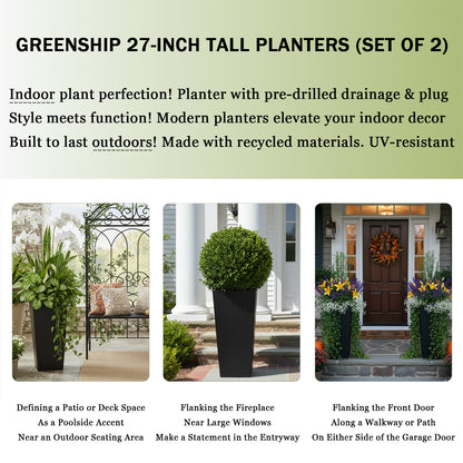 GreenShip 27 inch Tall Planters for Outdoor Plants, Large Flower Pots with Drainage & Inner Shelf, Modern Decorative Garden Pots for Porch, Patio, Front Door