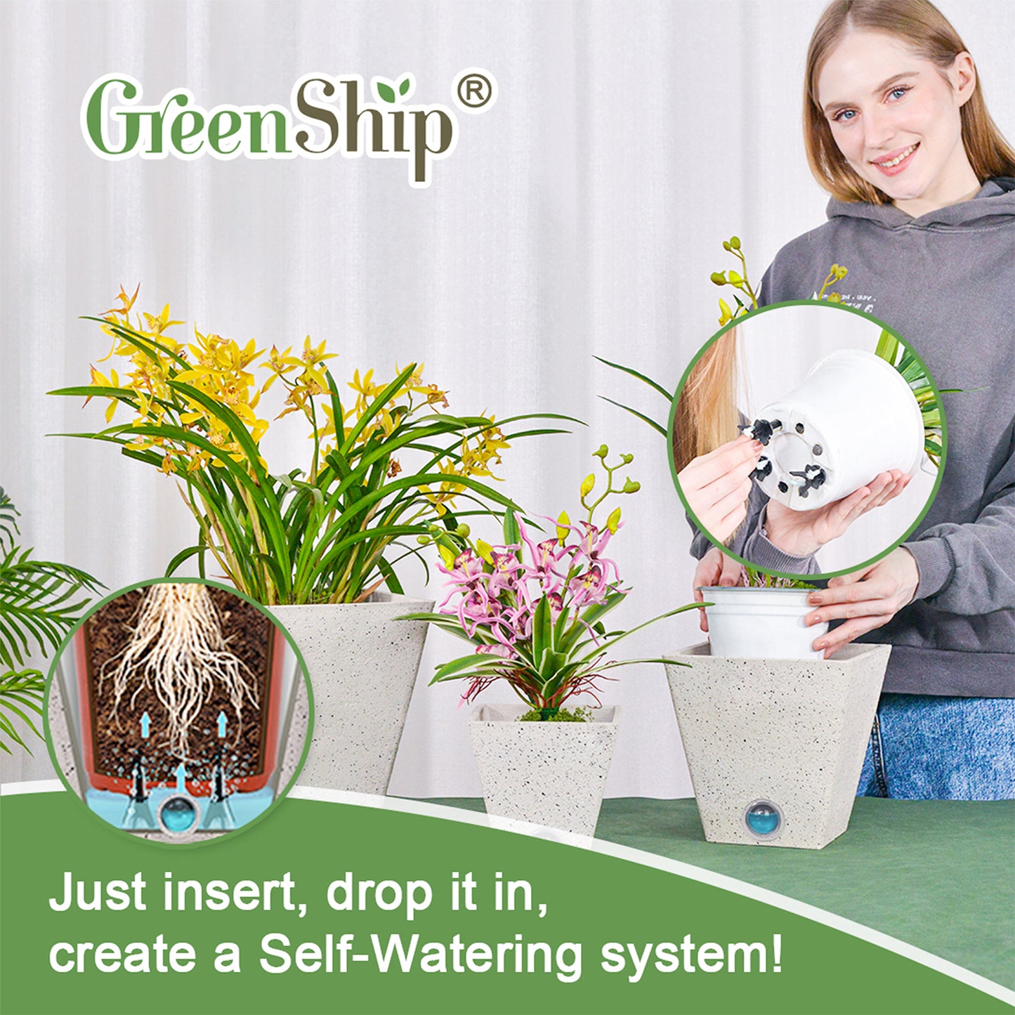 GreenShip 6 8 10 inch Self Watering Plant Pots Set for Indoor Plants, Planter Pots with Self Watering Spikes, Automatic Vacation Plant Watering for Home Garden Decor