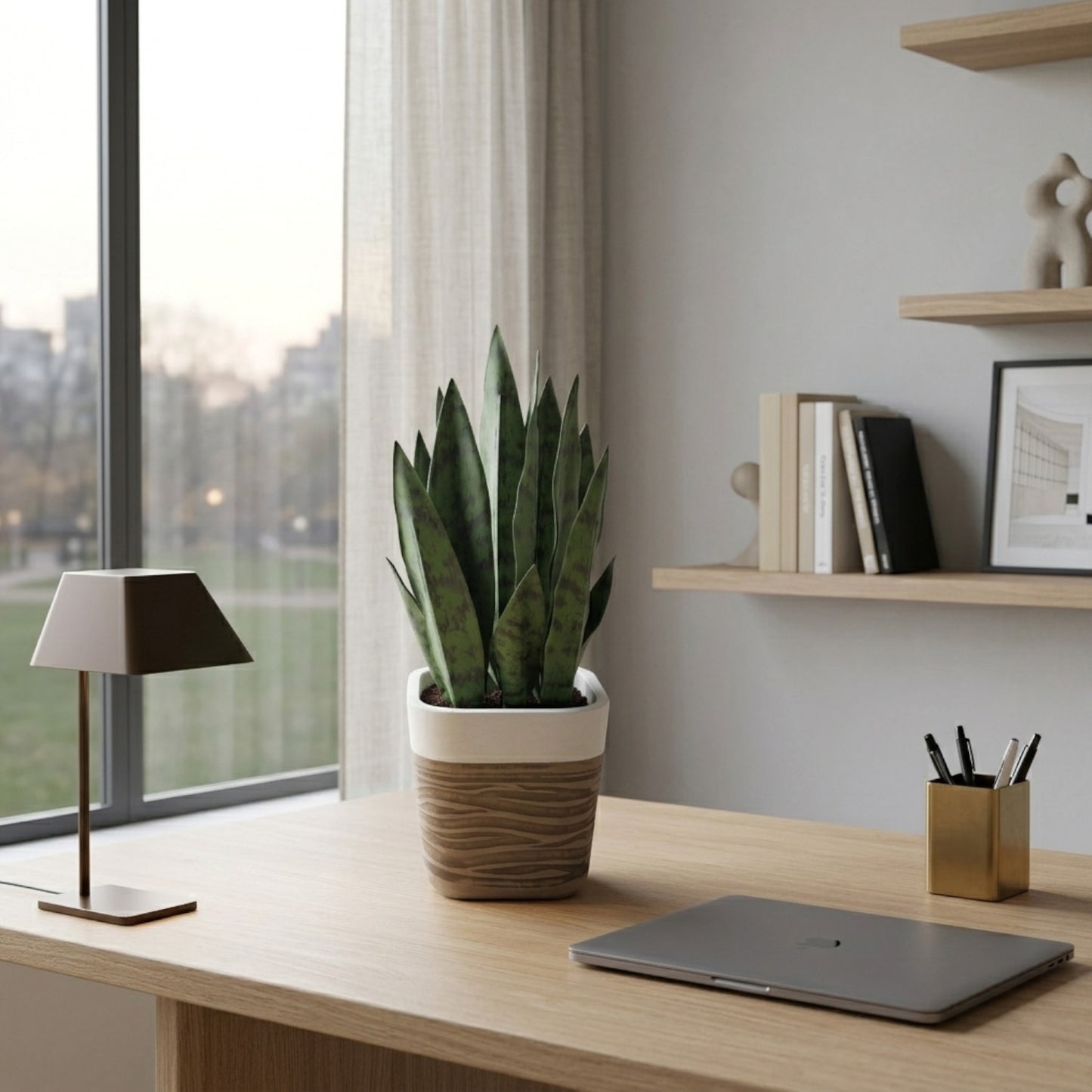 GreenShip 17" Artificial Snake Plant in Two-Tone Square Pot | Low-Maintenance Faux Potted Plant for Home & Office Decor