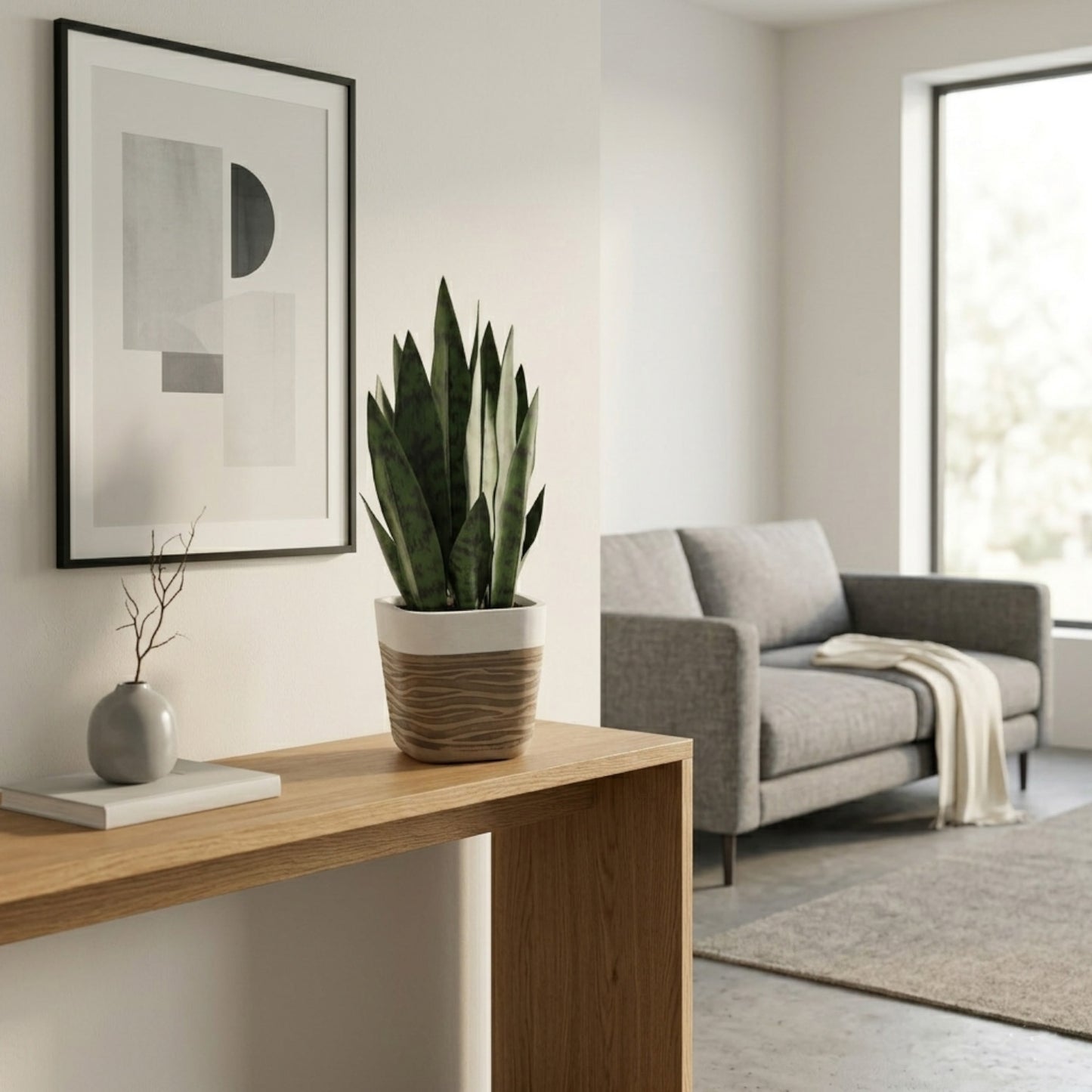 GreenShip 17" Artificial Snake Plant in Two-Tone Square Pot | Low-Maintenance Faux Potted Plant for Home & Office Decor