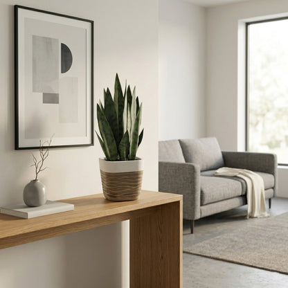 GreenShip 17" Artificial Snake Plant in Two-Tone Square Pot | Low-Maintenance Faux Potted Plant for Home & Office Decor
