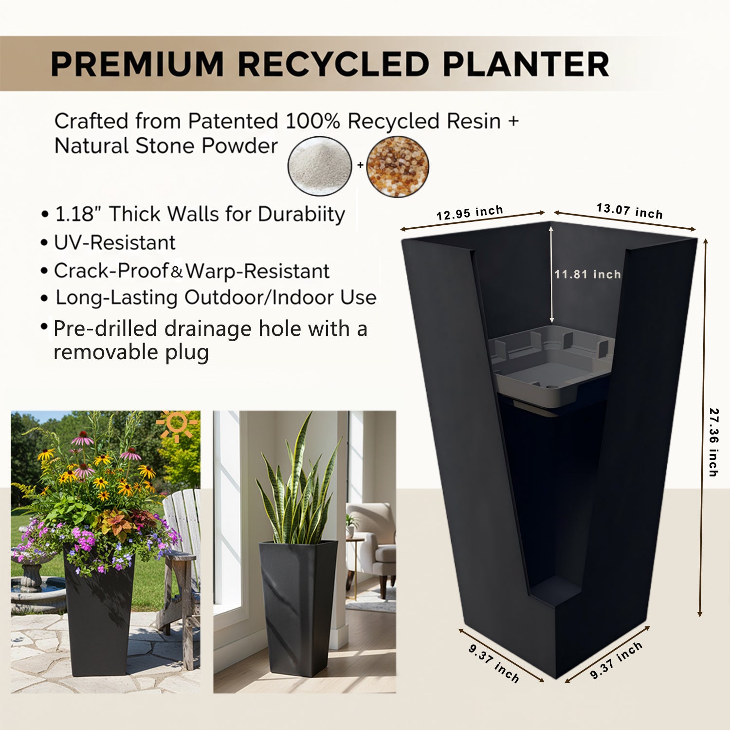 tall plant pot indoor GreenShip 27 inch Tall Planters for Indoor Outdoor Plants, Set of 2