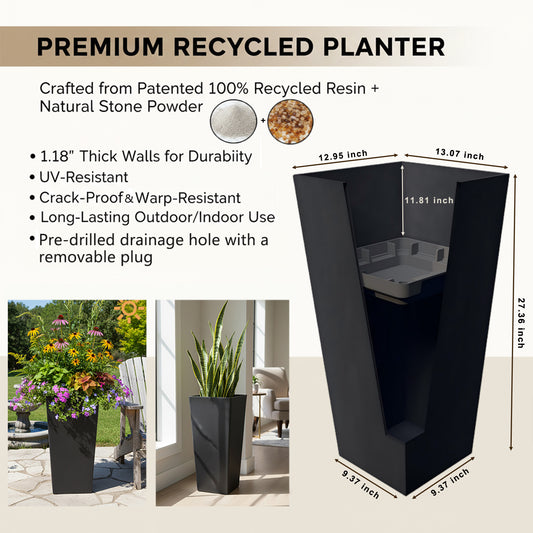 GreenShip 27 inch Tall Planters for Outdoor Plants, Large Flower Pots with Drainage & Inner Shelf, Modern Decorative Garden Pots for Porch, Patio, Front Door