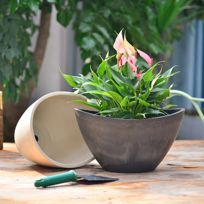 GreenShip 2 Pack Curved Planter for Indoor Plants, Plant Pots with Drainage Hole, Decorative Flower Pots, Plant Pot Bowl(Plants Not Included)