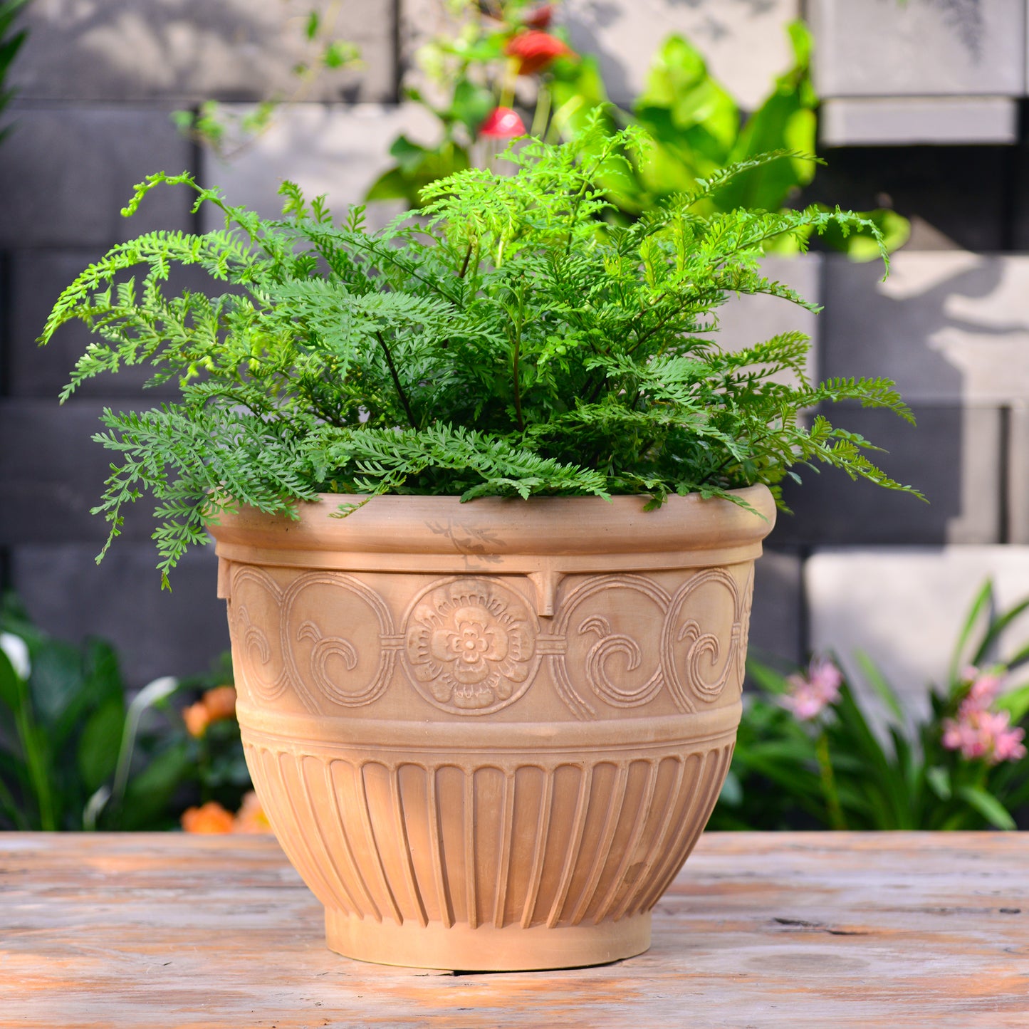 GreenShip 16 inch Round Rim Large Planter for Indoor Outdoor, Classic Reliefs Decorative Plant Pots with Drainage Hole(Plants Not Included)