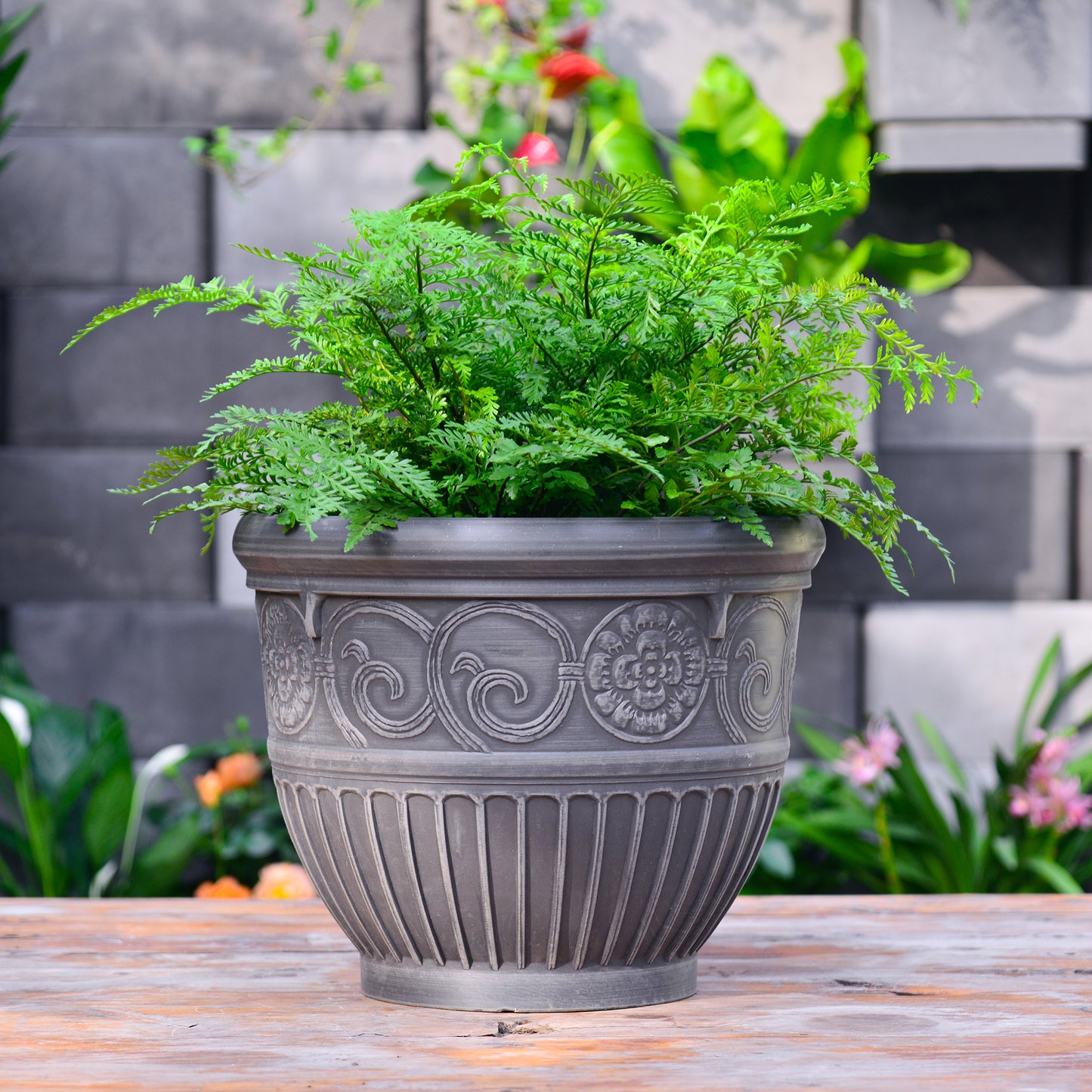 GreenShip 16 inch Round Rim Large Planter for Indoor Outdoor, Classic Reliefs Decorative Plant Pots with Drainage Hole(Plants Not Included)