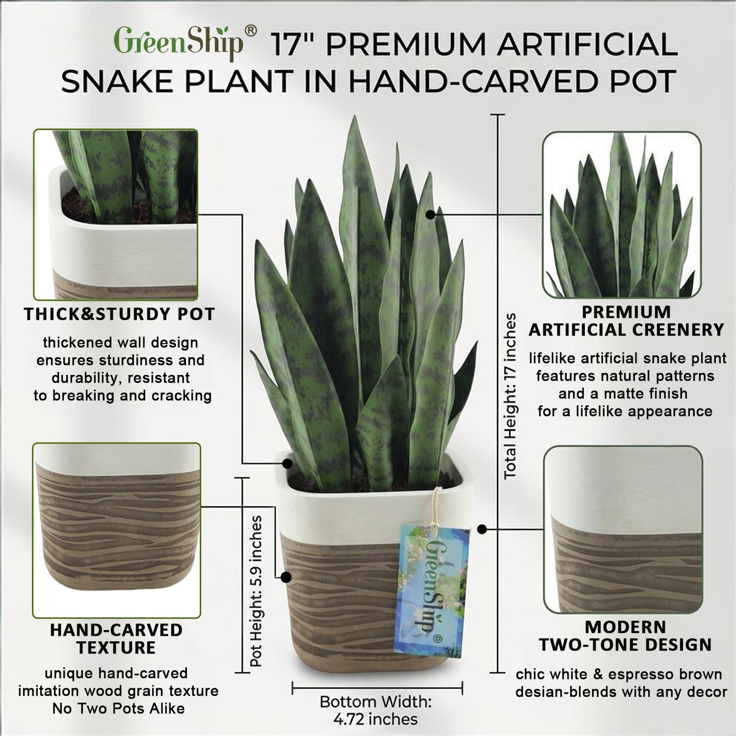GreenShip 17" Artificial Snake Plant in Two-Tone Square Pot | Low-Maintenance Faux Potted Plant for Home & Office Decor