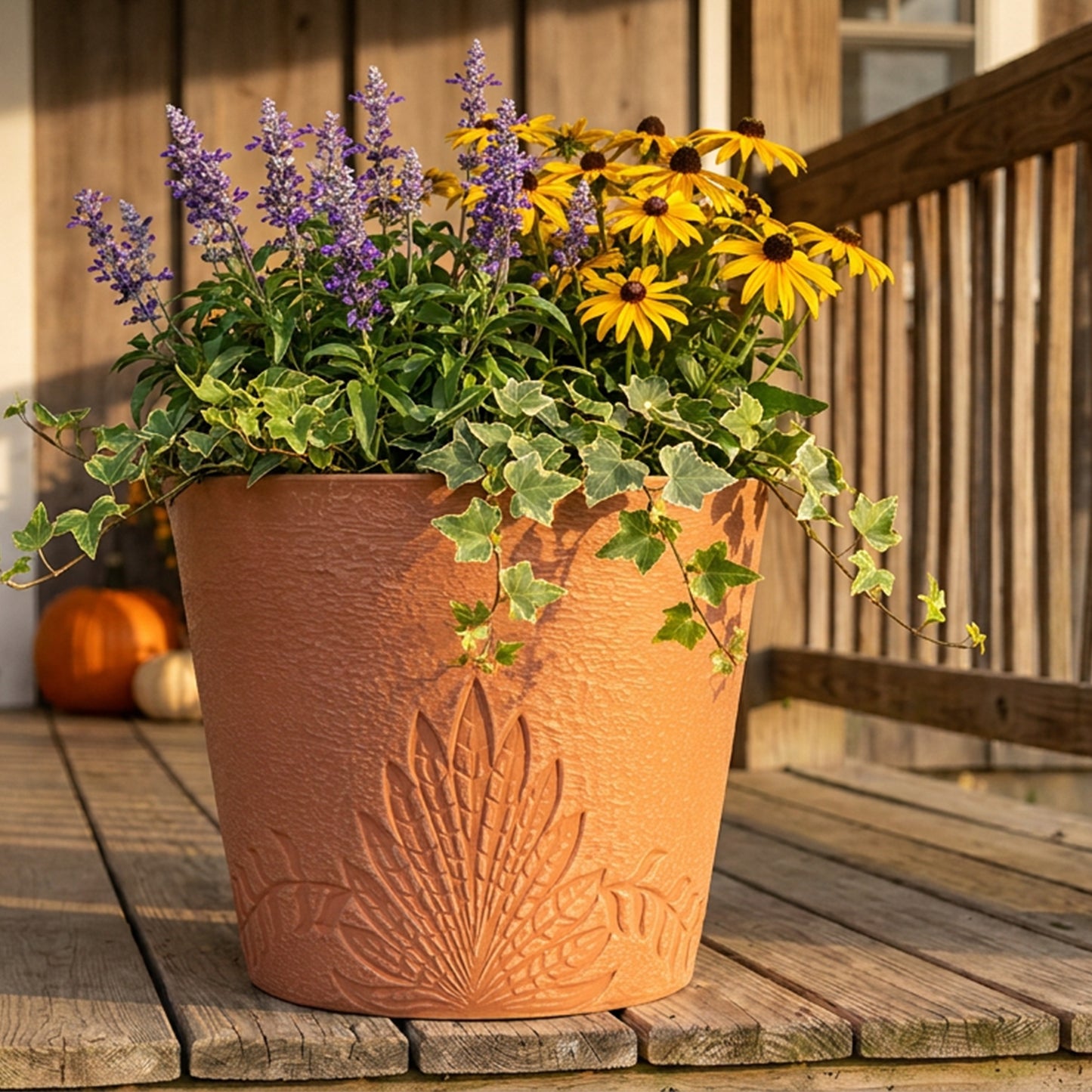 GreenShip 15 inch Large Planters, Set of  2 Relief  Planters - Recycled Resin & Stone Composite Flower Pots - Weather Resistant Lightweight Garden Pots for Indoor Outdoor Plants