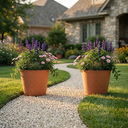 GreenShip 15 inch Large Planters, Set of  2 Relief  Planters - Recycled Resin & Stone Composite Flower Pots - Weather Resistant Lightweight Garden Pots for Indoor Outdoor Plants