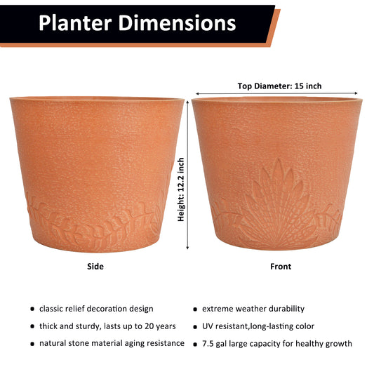 GreenShip 15 inch Large Planters, Set of  2 Relief  Planters - Recycled Resin & Stone Composite Flower Pots - Weather Resistant Lightweight Garden Pots for Indoor Outdoor Plants
