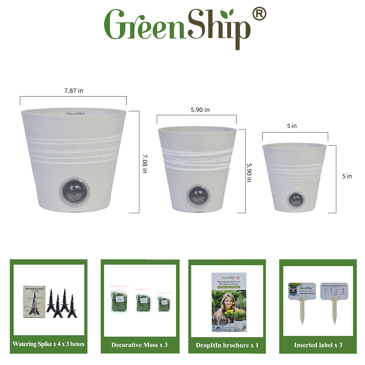 GreenShip Self Watering Pots for Indoor Plants, 5 inch 6 inch 8 inch Set of 3 Planter with Self-Watering Spikes, White Modern Decorative Flower Pots(Plants Not Included)