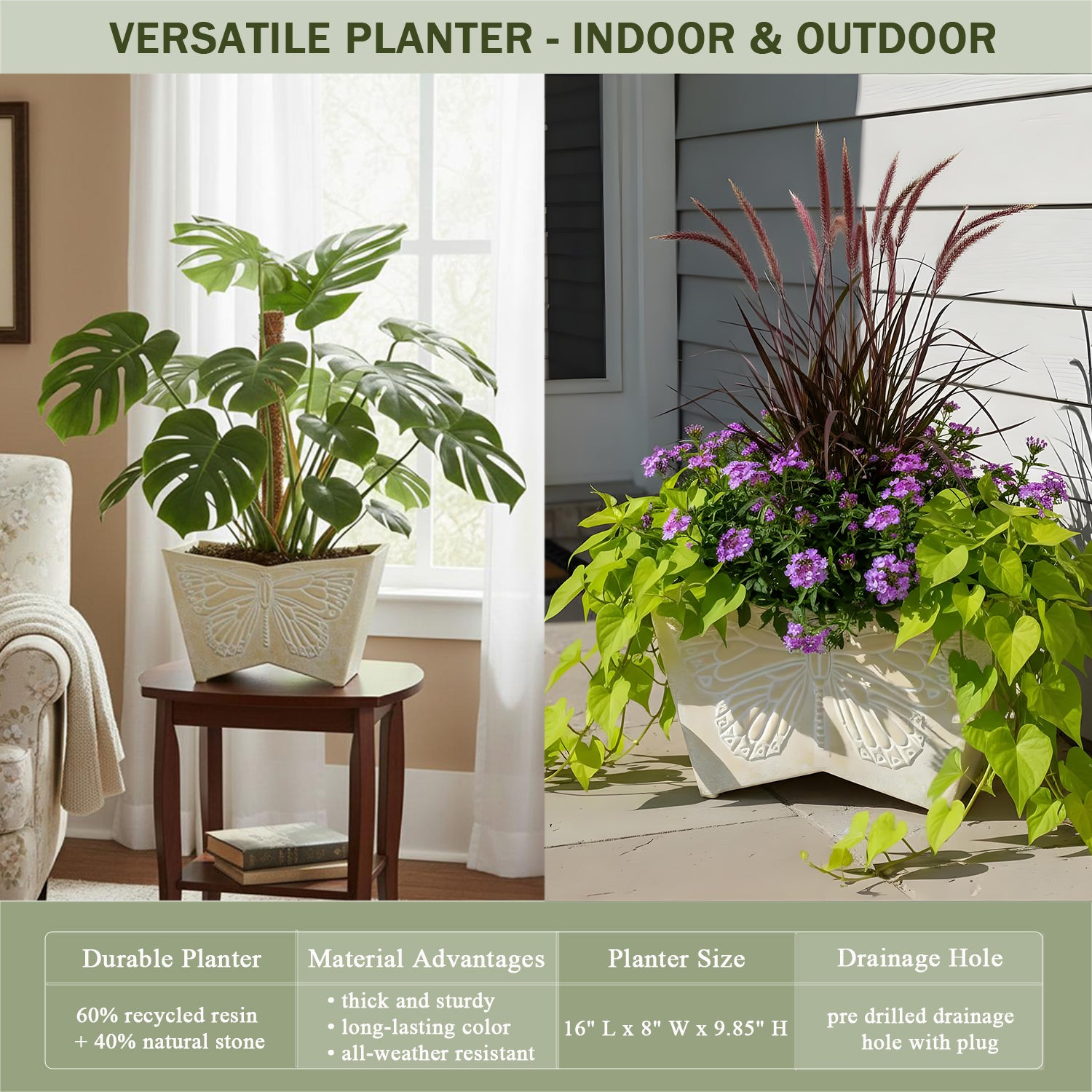 butterfly plant indoor or outdoor GreenShip 16 inch Planter with Butterfly Relief