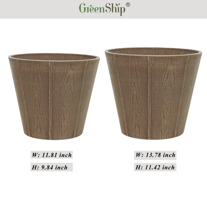 GreenShip 12 inch 14 inch Large Cylinder Planter for Indoor Outdoor, Realistic Wood Plank Plant Pots, White Decorative Pots with Drainage Hole (Plants Not Included)