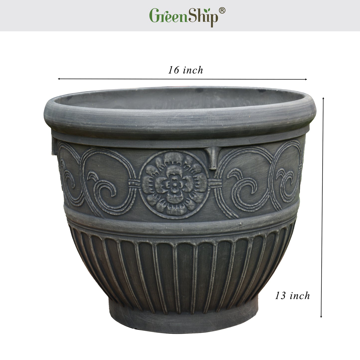 GreenShip 16 inch Round Rim Large Planter for Indoor Outdoor, Classic Reliefs Decorative Plant Pots with Drainage Hole(Plants Not Included)