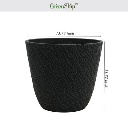 GreenShip 14 inch Cylinder Large Planter for Indoor Outdoor, Stone Grain Relief Decorative Plant Pots with Drainage Hole(Plants Not Included)