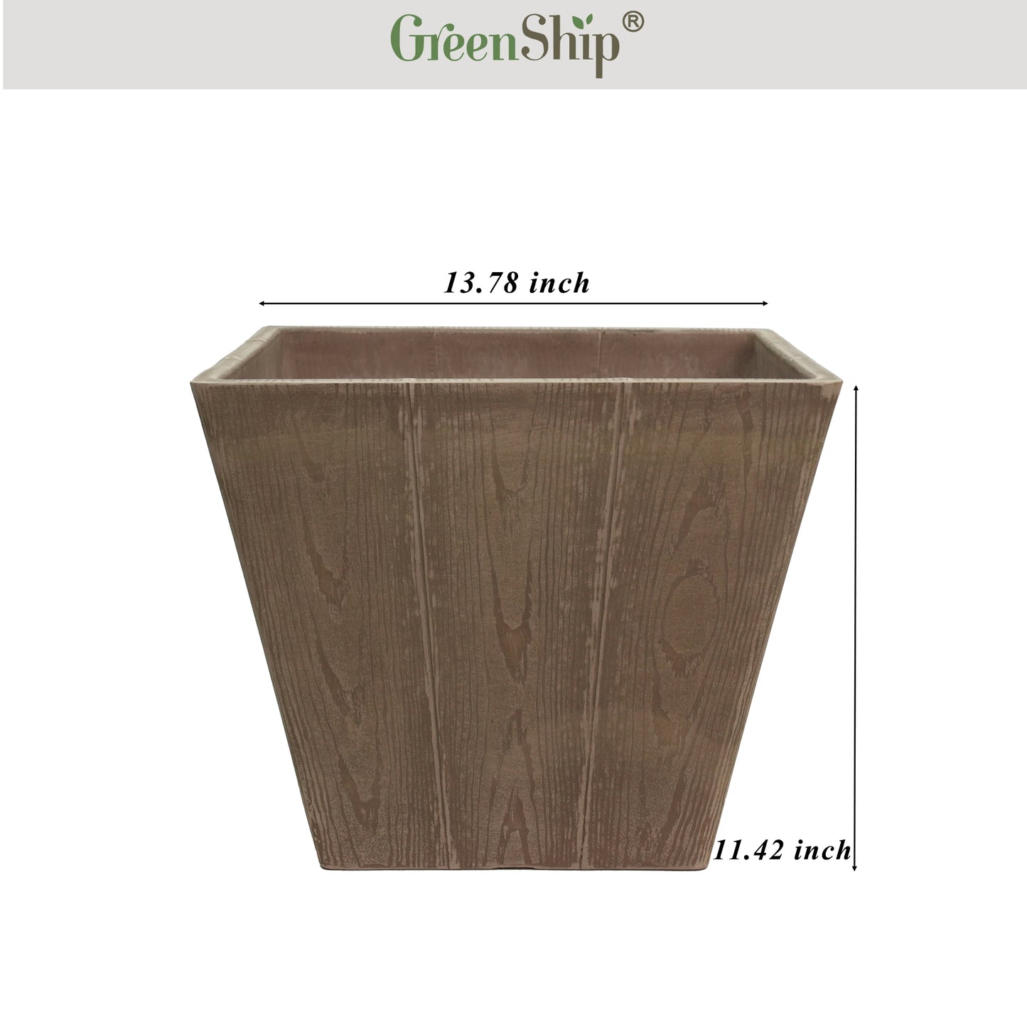 GreenShip 14 inch Square Planter for Indoor Outdoor, Realistic Wood Plank Plant Pots, Decorative Pots with Drainage Hole(Plants Not Included)